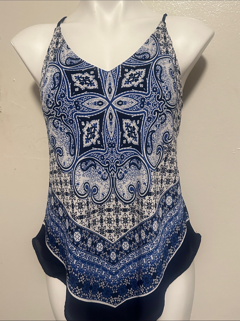 A. Byer Blue and White Paisley V-Neck Tank Top